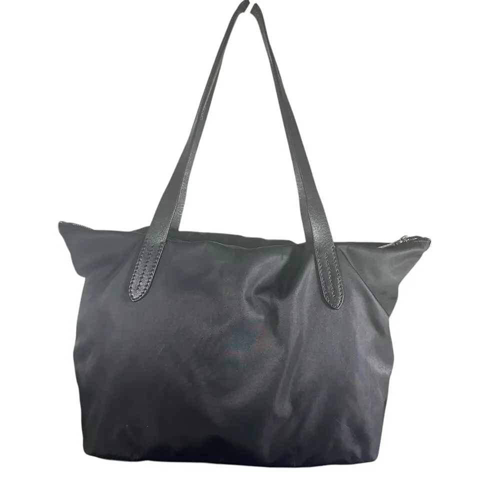 Cole Haan Black Nylon Tote Bag Leather Trim Zip Top Shoulder Bag Travel Purse